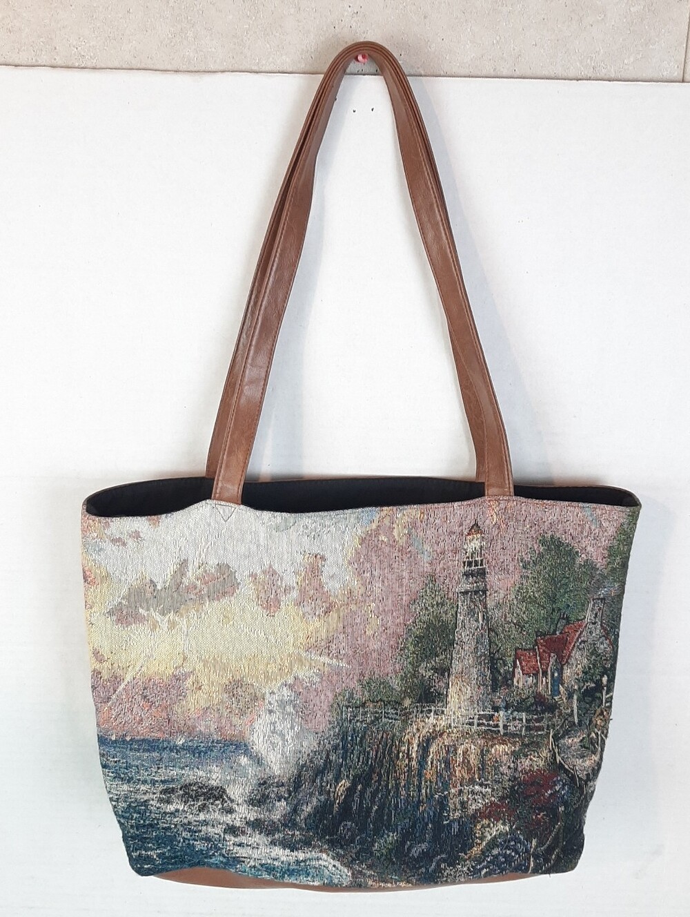Thomas Kinkade Lighthouse Beach tapestry tote bag with brown faux leather straps